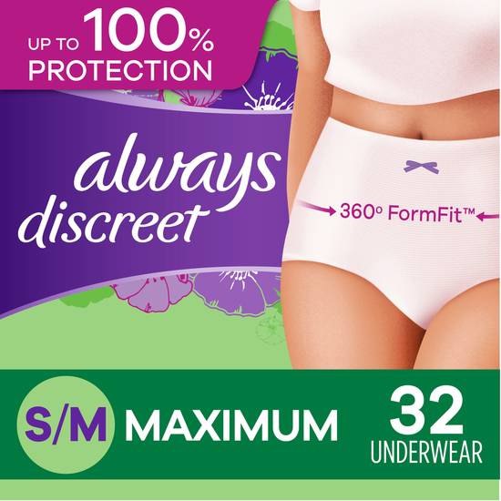Always Discreet, Incontinence Underwear for Women, Maximum, Small / Medium, 32 Count