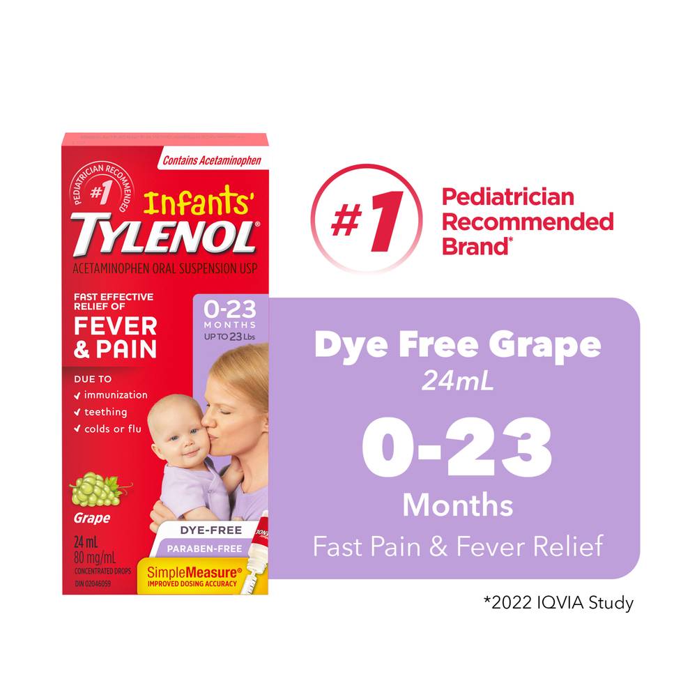 Tylenol Infants' Medicine, Fever & Pain Drops, Dye Free Grape (24 g)