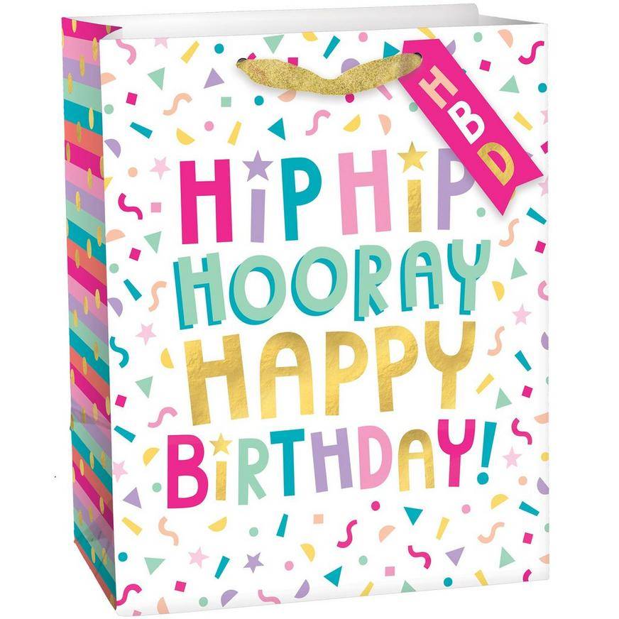 Party City Hip Hip Hooray Birthday Paper Gift Bag, 7.75in x 9.5in, Assorted