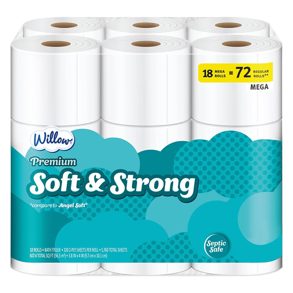 Willow Premium Soft & Strong 2 Ply Bath Tissue Mega Rolls, 3.8x4 in (18 ct)