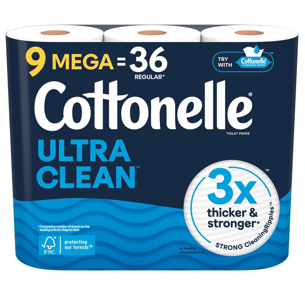 Cottonelle Ultra Clean Toilet Paper Mega Rolls, 3.82x4.0 in (9 ct)