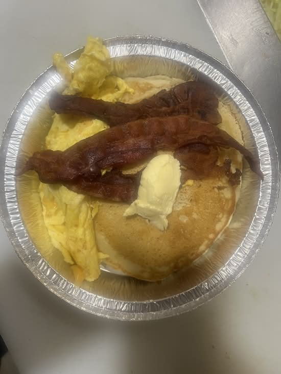 Pancake bacon and 2 eggs ( any style )
