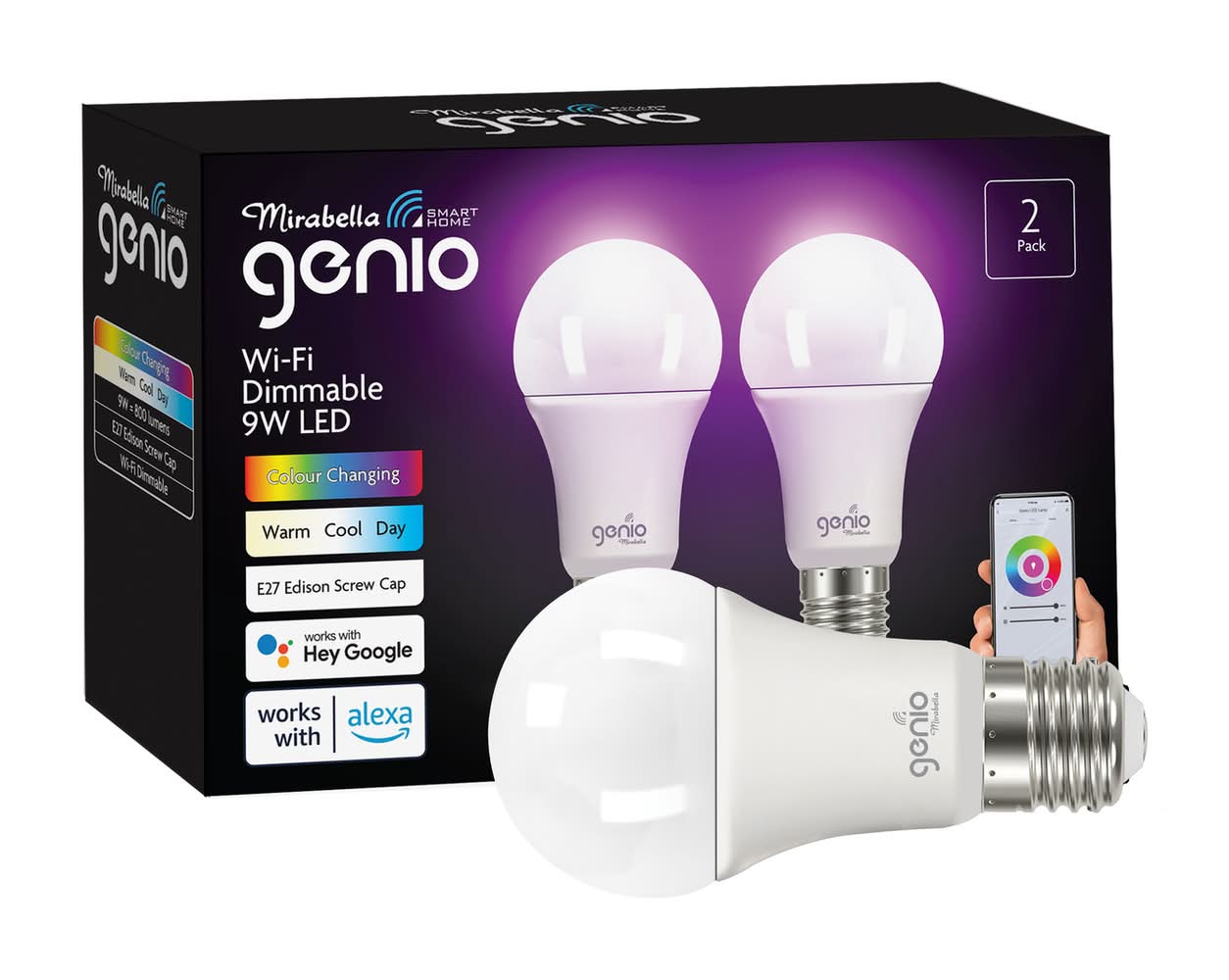 Mirabella Genio E27 800lm RGB 9W Smart Wi-Fi Globe - 2 Pack