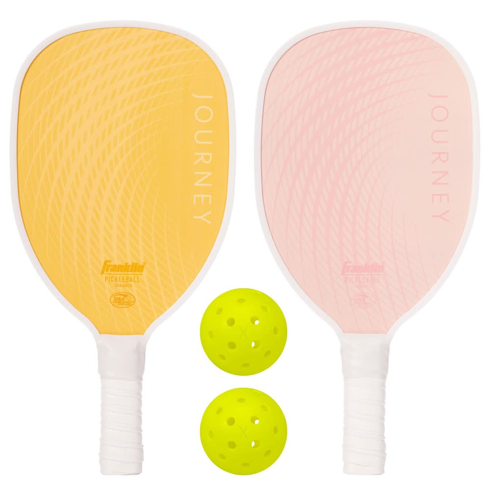 Franklin Sports 2 Player Wood Journey Pickleball Paddle and Ball Set in Mesh Bag, Yellow-Pink (2 ct)