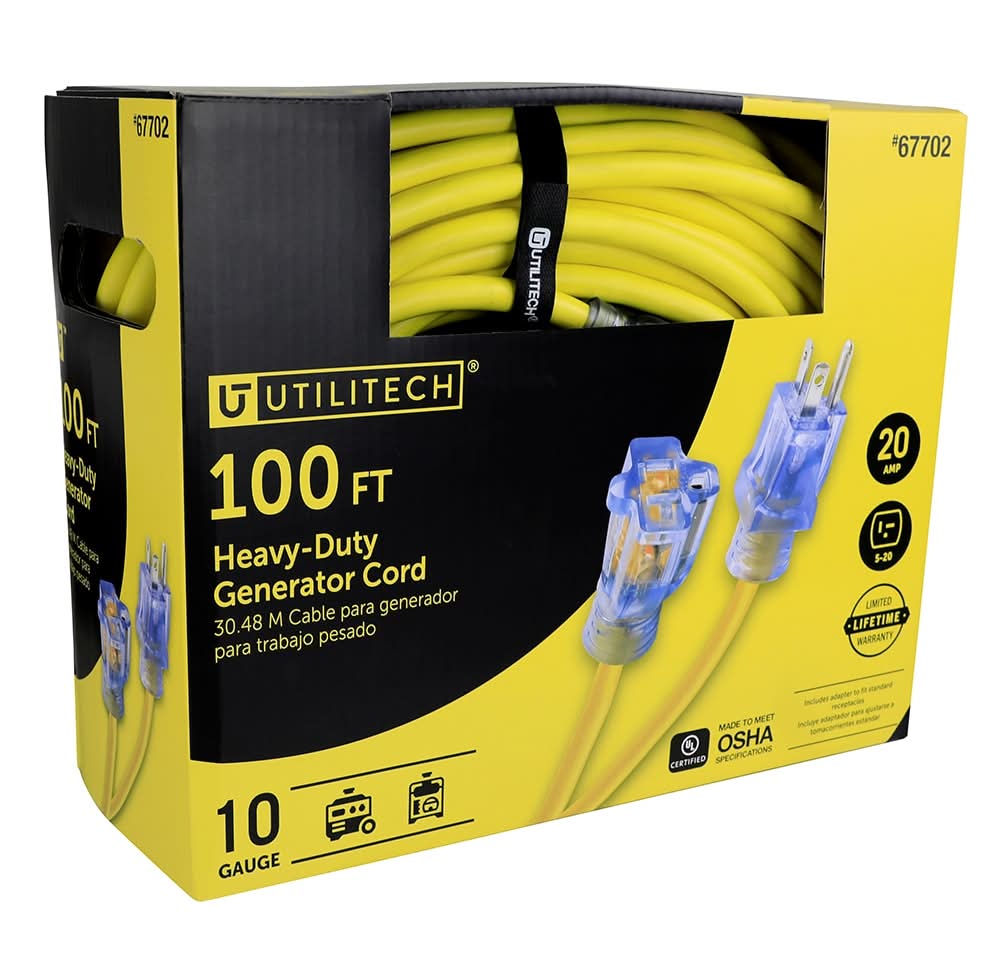 Utilitech 100-Ft 20-Amp 125-Volt 10-Gauge Yellow Outdoor Generator cord