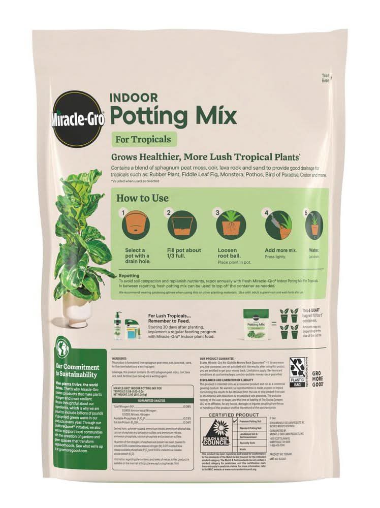 Miracle-Gro Indoor Potting Mix For Tropicals 6 Qt. Soil For Indoor Container  Plants, Use With Monstera, Pothos, Fiddle Leaf Fig | Postmates