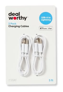 Dealworthy Lightning To Usb-A Charging Cable, 3 Ft, White (2 ct)