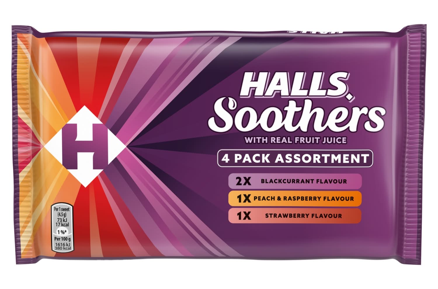 Halls Blackcurrant-Peach & Raspberry-Strawberry, Real Fruit Soothers Variety pack (4 x 45g)