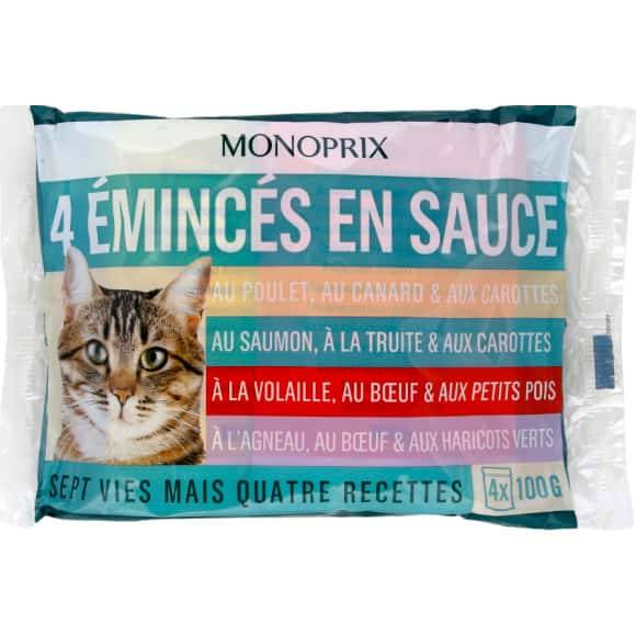 Monoprix Emincés En Sauce Viande Pour Chat Les 4 Sachets De 100 G