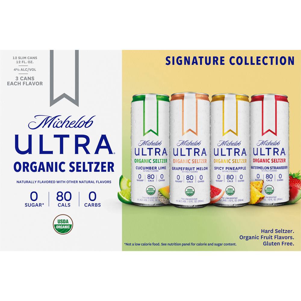 Michelob Ultra Signature Collection Organic Hard Seltzer, Cumber Lime-Grapefruit Melon-Spicy Pineapple-Watermelon Strawbeery (12 x 12 fl oz)