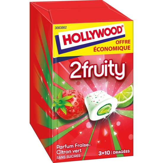 HOLLYWOOD - Chewing-gum fraise citron vert sans sucres - 2 fruity - 3x10 dragées - 66g