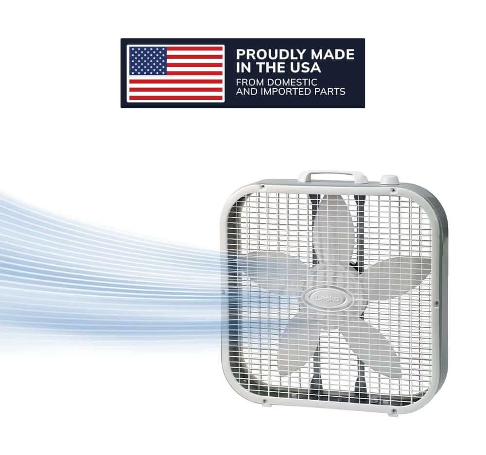 Lasko 20 In. 3 Speed Air Circulating Box Fan For Home In White With Save Smart Technology, 1820 Cfm And Carry Handle
