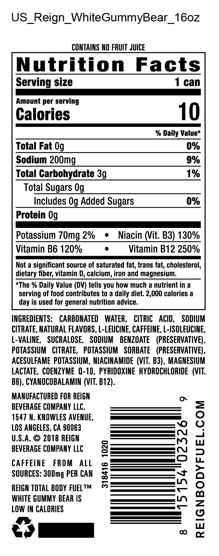 Reign Total Body Fuel Energy Drink, White Gummy Bear (16 fl oz)