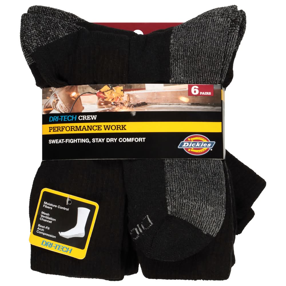 Dickies Dri Tech Comfort Moisture Control Crew Socks, Size 12-15, Black (6 ct)