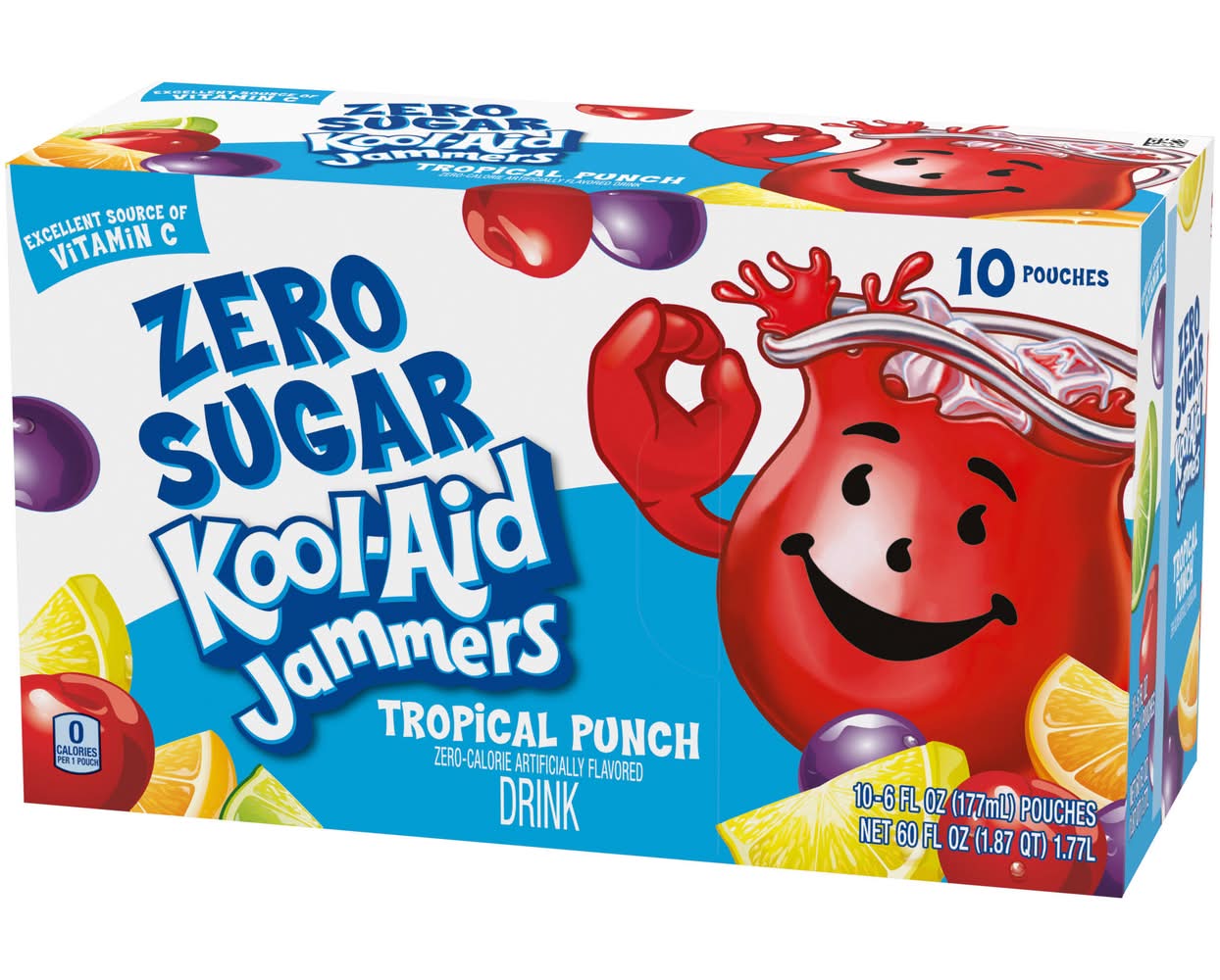 Kool-Aid Zero Sugar Jammers Juice Drink Pouches, Tropical Punch (10 x 6 fl oz)