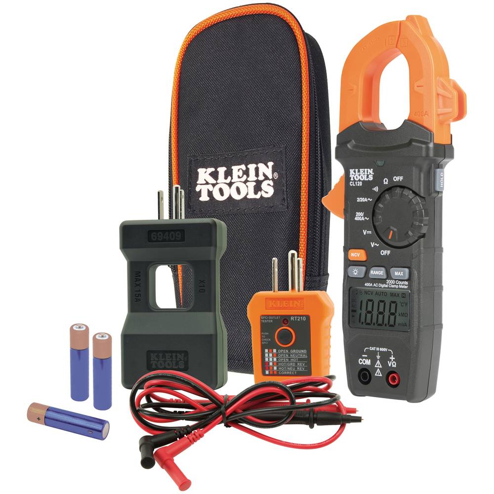 Klein Tools GFCI Outlet Tester, Line Splitter Lcd Display Tester Kit Multimeter 400 Amp 600-Volt | CL120KIT