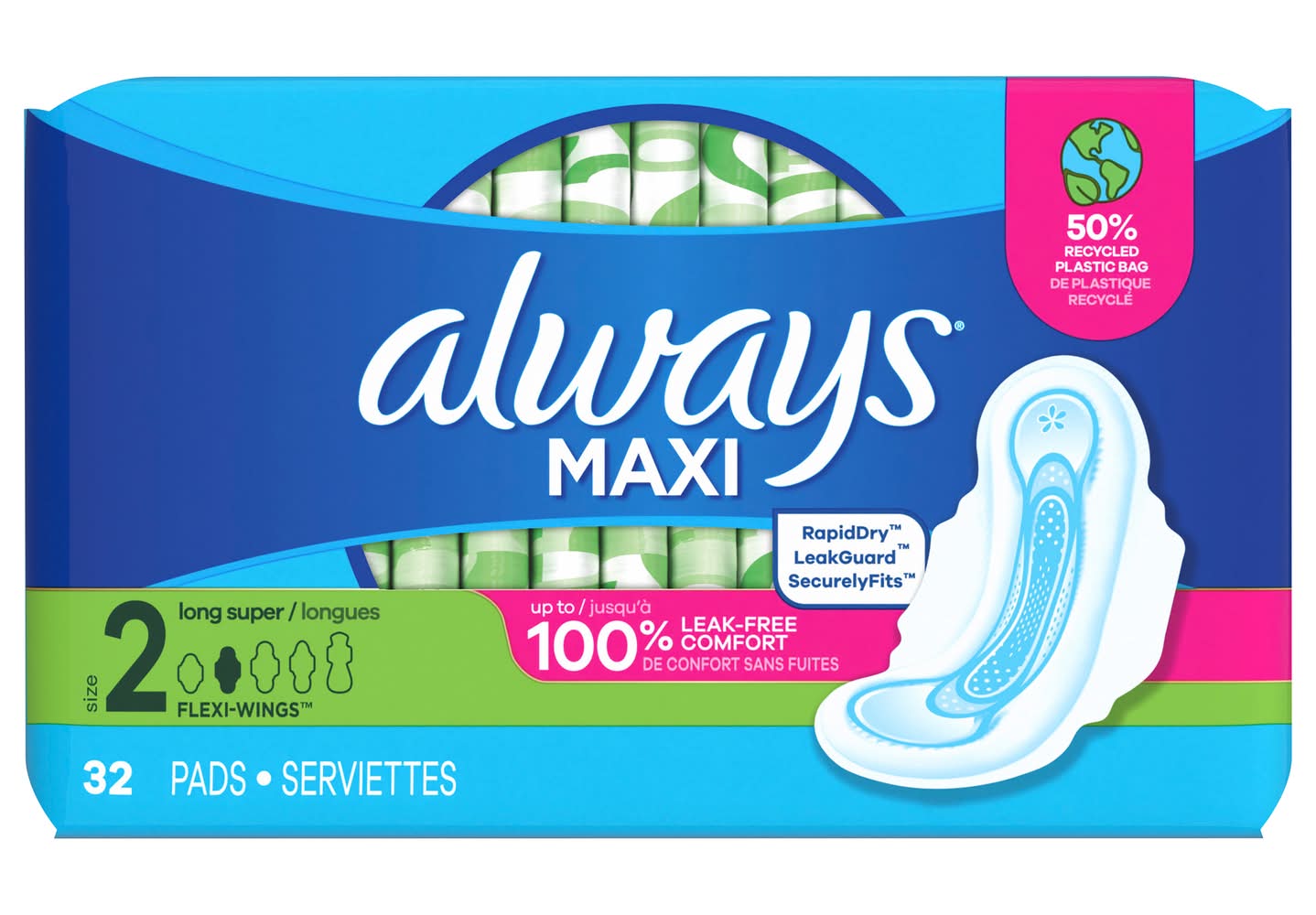 Always Maxi Long Super Pads With Wings, 2 (32 ct)
