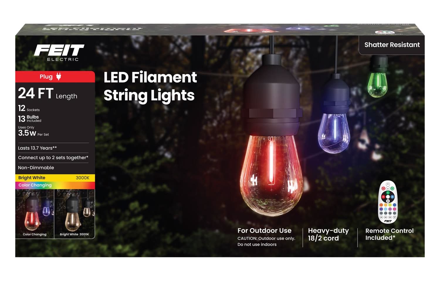 Feit Electric Led String Lights W/Remote Control Multicolored 24 Ft. 12 Lights