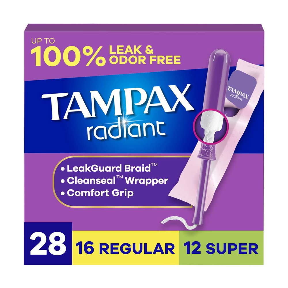 Tampax Radiant Tampons Multipack With Leakguard Braid Regular/Super Absorbency Unscented 28 Ct