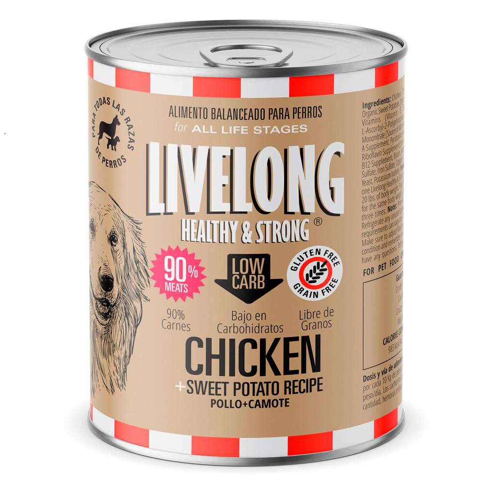 Livelong healthy & strong alimento natural receta pollo camote (lata 368 g)