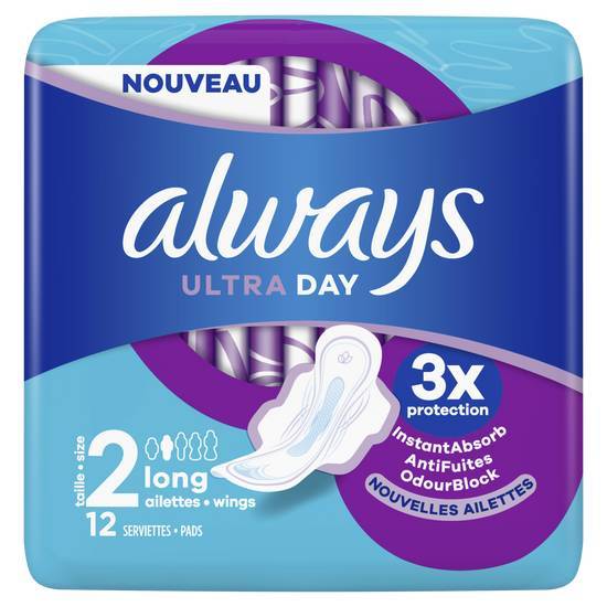 Always ultra jour serviettes long (taille 2) ailettes 12 serviettes