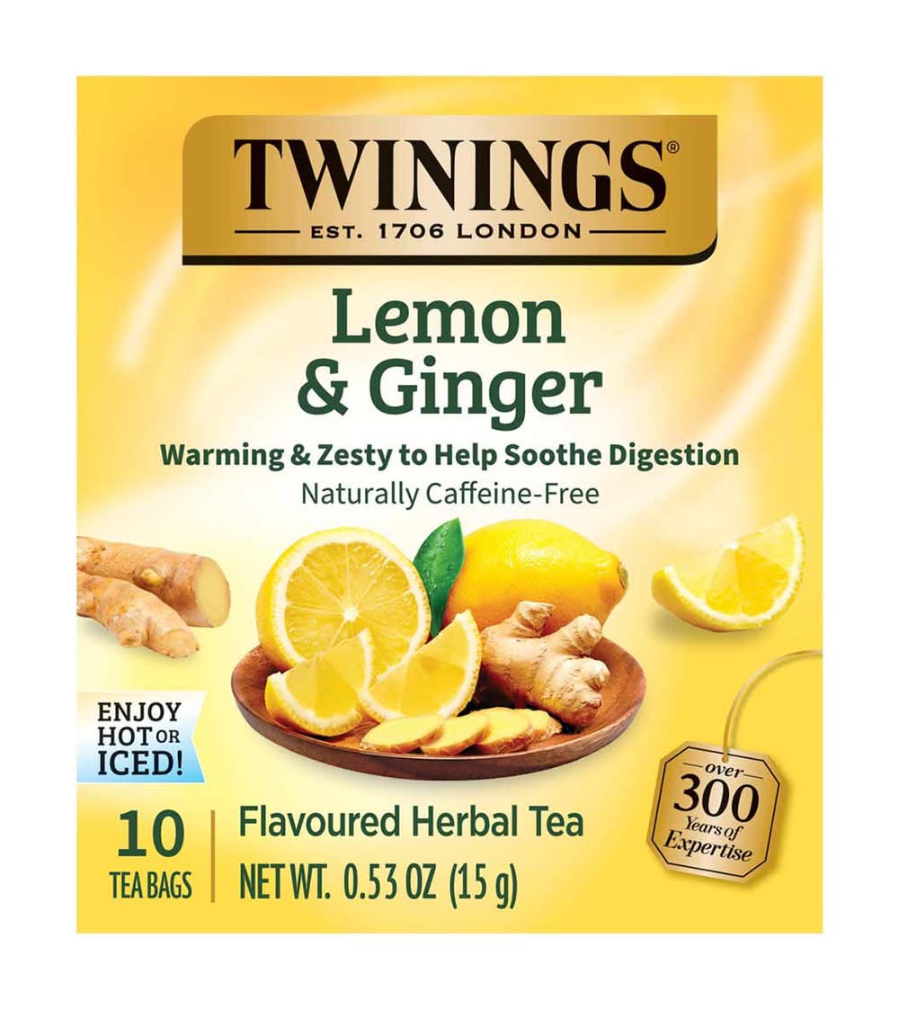 Twinings Lemon & Ginger Flavored Herbal Tea Bags 0.53 Oz 10 Ct