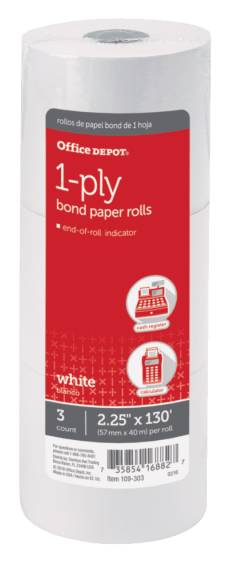 Office Depot 1-Ply Bond Paper Rolls, 2.25" x 130', White