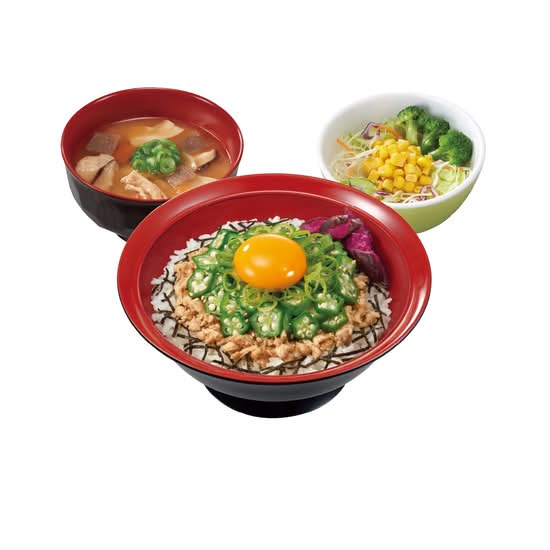 オクラ旨だしとりそぼろ丼 とん汁サラダセットDashi-Flavored Minced Chicken Rice Bowl with Okra & Raw Egg  & Pork Miso Soup & Salad