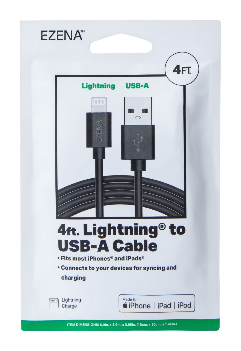 Ezena Lighting To Usb-A Cable, 48 in, Black