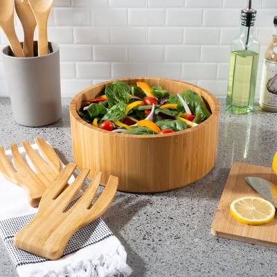 Hastings Home 10.25-Inch Bamboo Salad Bowl with Utensils