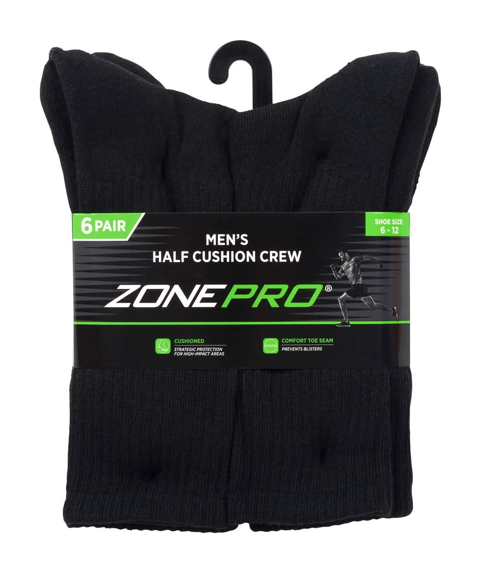 Zone Pro Men'S Half Cushion Crew Socks Black Size 6?12 6 Pk