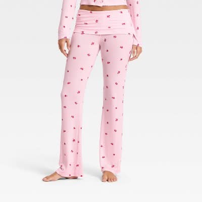 Wild Fable Ribbed Fold Over Waistband Pajama Pants, Women, M, Pink Floral