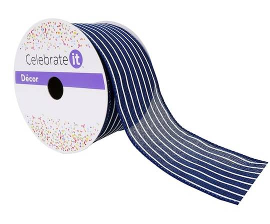 2.5" X 25Ft. Faux Linen Wired Pinstripe Ribbon By Celebrate It Decor