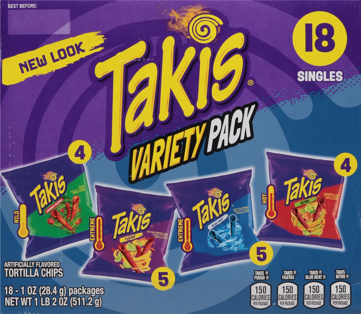 Takis Tortilla Chips Variety pack, Crunchy Fajitas- Fuego-Nitro-Blue Heat (18 x 1 oz)