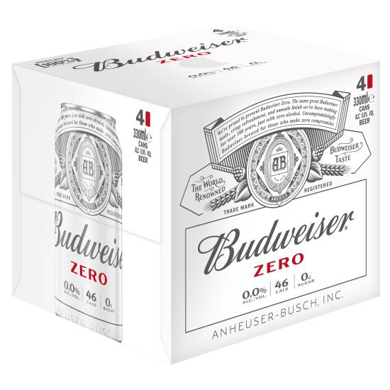 Budweiser Zero Alcohol Free Lager Beer Cans 4 X 330ml