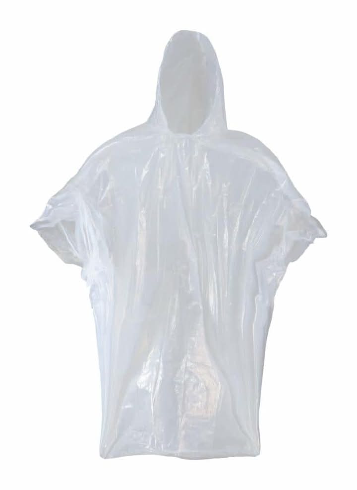 Economy 1-Size-Fits-All Clear Polyethylene Water Resistant Rain Poncho With Hood