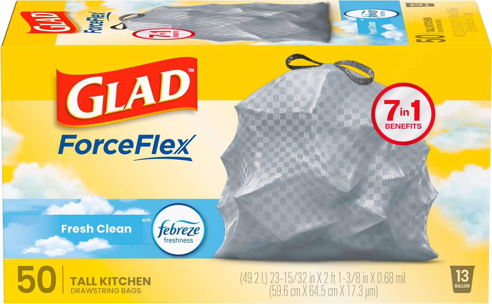 Glad Forceflex Drawstring Fresh Clean Kitchen Bags 13 Gallon, 59.6 cm X 64.5 cm X 18.3 µm (50 ct)