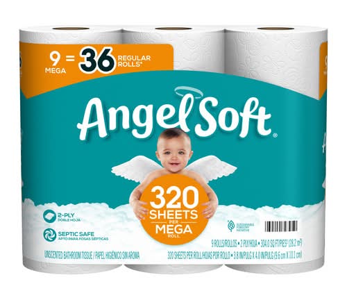 Angel Soft 2-Ply Septic Safe Bathroom Tissue Mega Roll, 3.8x4 in (9 ct)