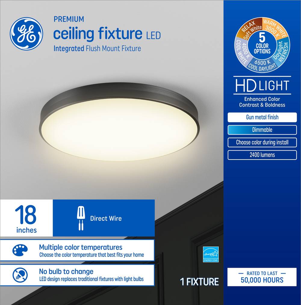 GE Premium Ceiling Fixture LED 1-Light 18-in Brushed Gray LED Flush Mount Light ENERGY STAR | 93129190