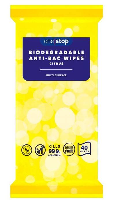 One Stop 40 Biodegradable Anti-Bac Wipes Citrus (401979)