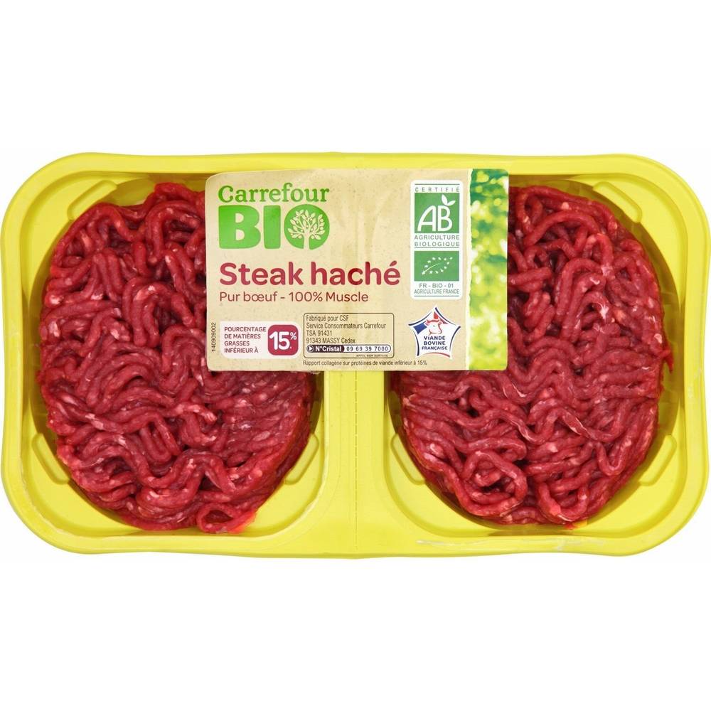 Steaks hachés pur bœuf 15% MG CARREFOUR BIO - la barquette de 2 - 250g