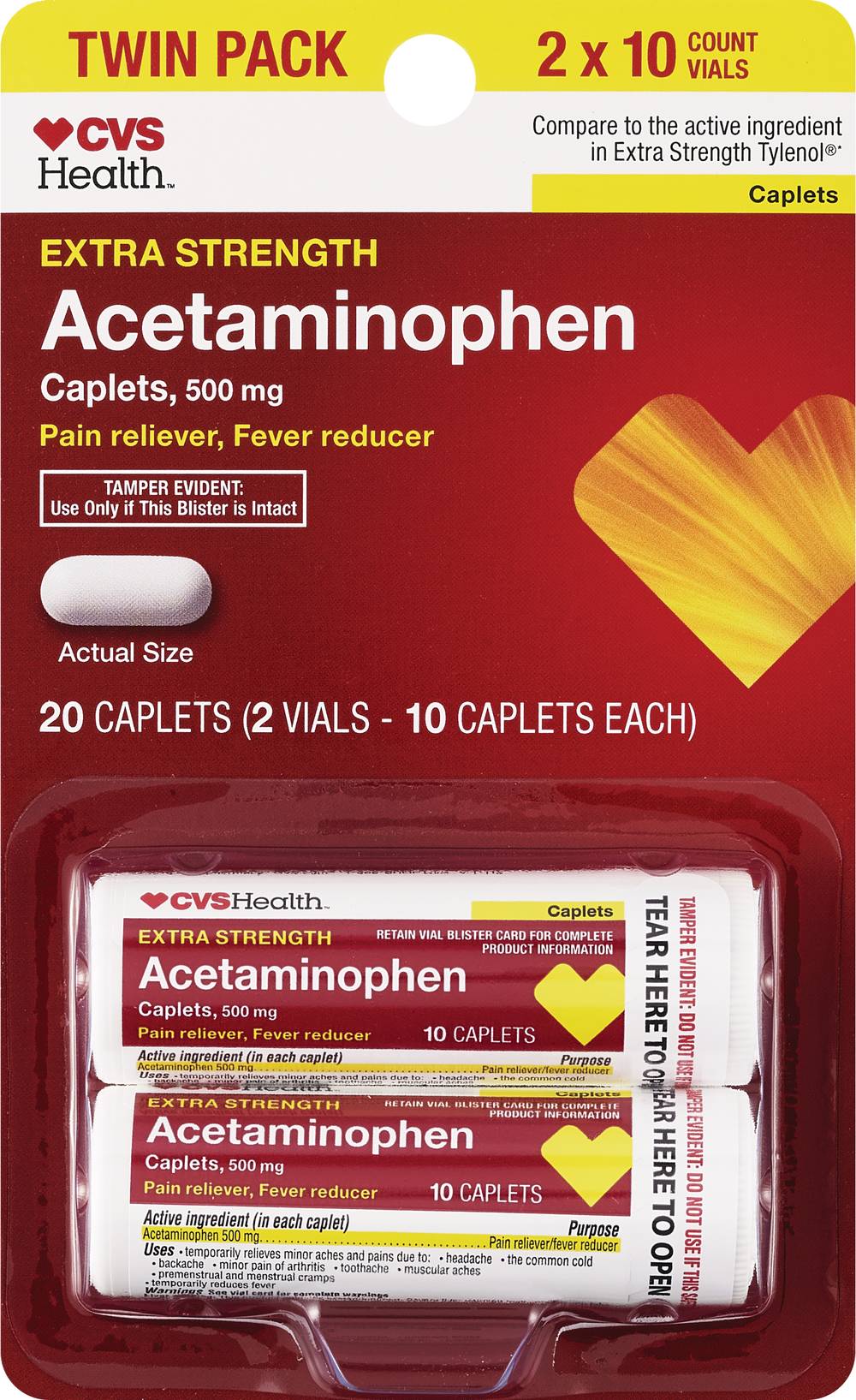 CVS Health Extra Strength Pain Relief 500 mg Acetaminophen Caplets, 20 CT