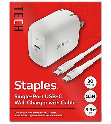 Staples 30W Usb C Wall Charger With Cable, 3.3 ft, White