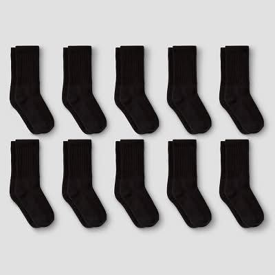 Cat & Jack Boys Crew Athletic Socks, M, Black (10 ct)