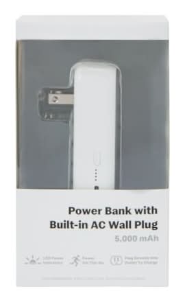5000 mah Power Bank With Built-In AC Wall Plug White
