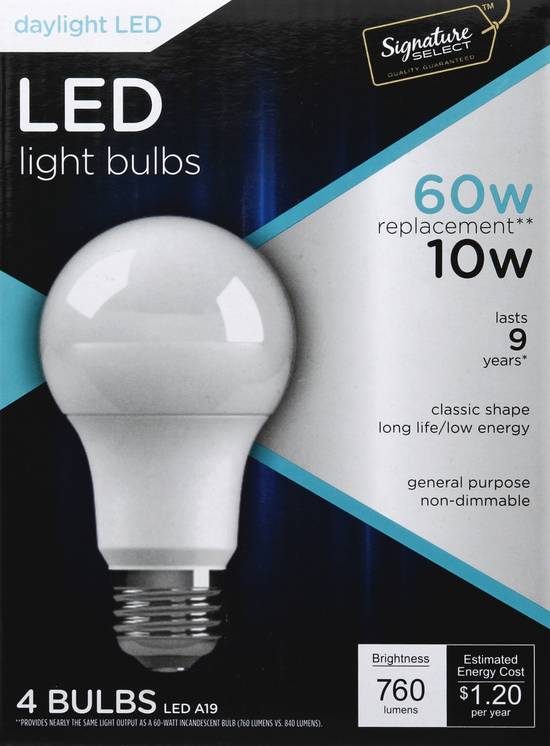 Signature Select Daylight 60w/10w Led Light Bulbs A19 760 Lumens (4 ct)