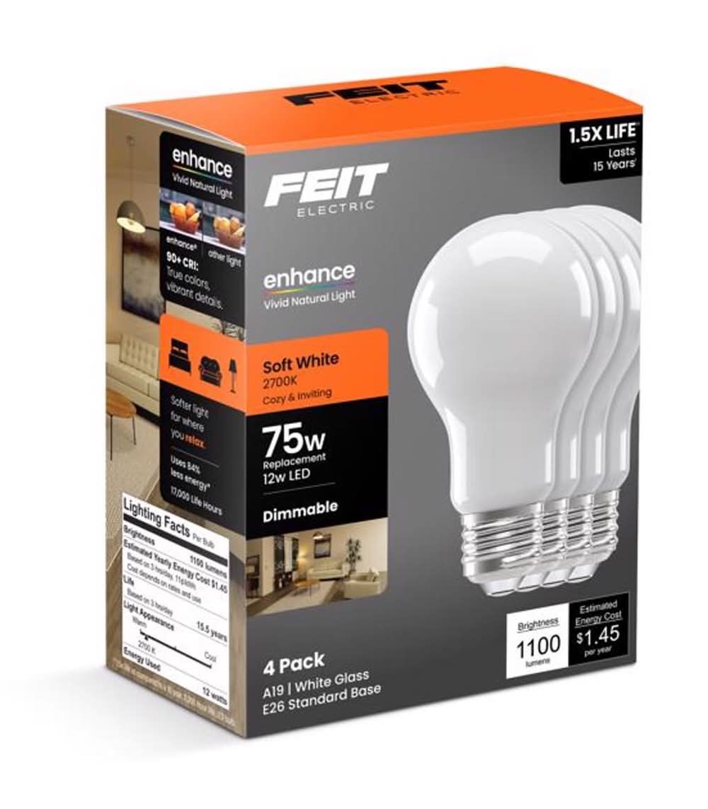 Feit A19 E26 (Medium) Led Bulb Soft White 75 Watt Equivalence 4 Pk