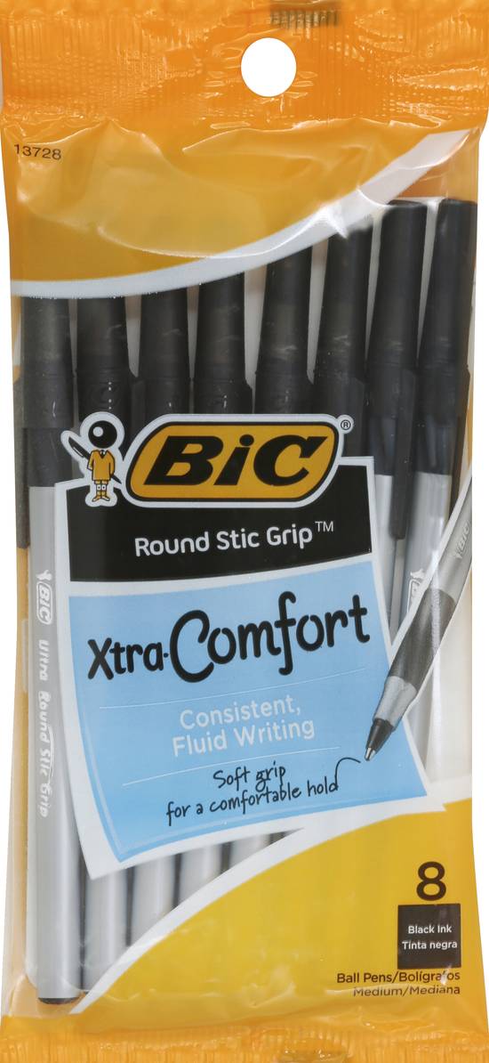 Bic Round Stic Grip Xtra-Comfort Black Ink Medium Ball Pens (8 ct)