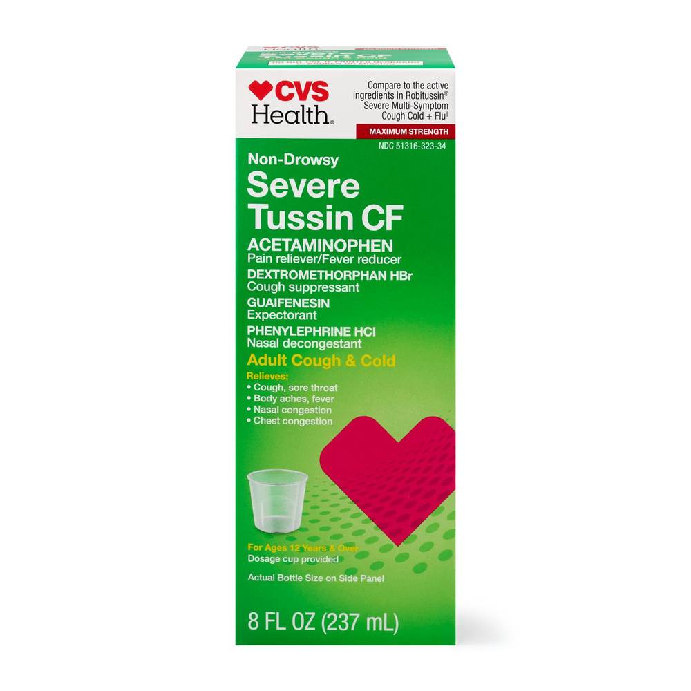 Cvs Health Maximum Strength Non Drowsy Severe Tussin Cf Cough & Cold Liquid, 8 Oz