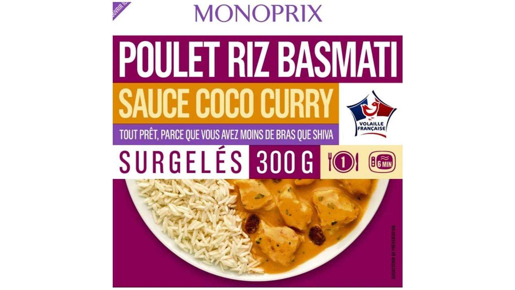 MONOPRIX Poulet riz basmati sauce coco curry La barquette de 300g